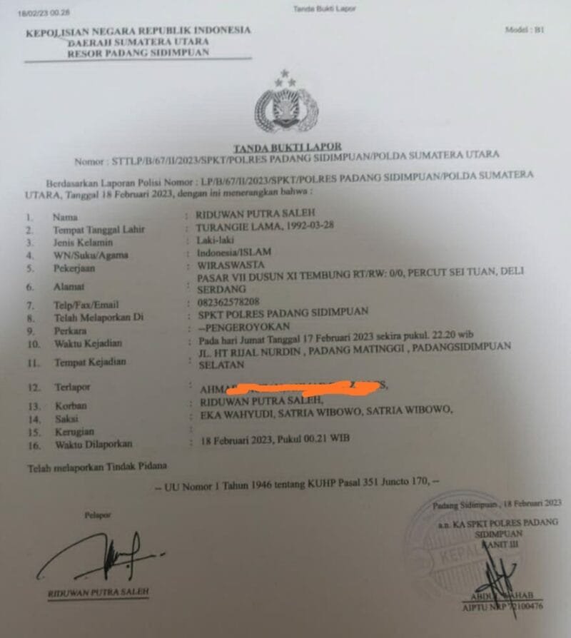 Bukti Laporan ke Polri yang diterima petugas Kepolisian di Polres Padang Sidempuan. (ist).