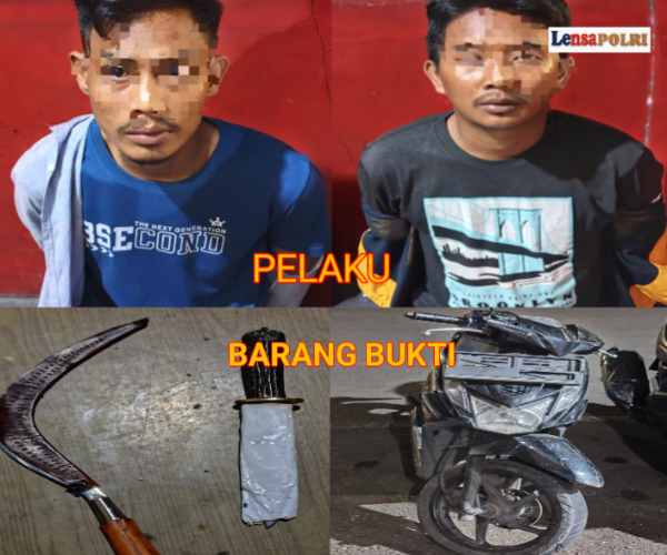 Dua orang pria yang diduga sebagai pelaku begal beserta barang bukti (Foto.Istimewa)