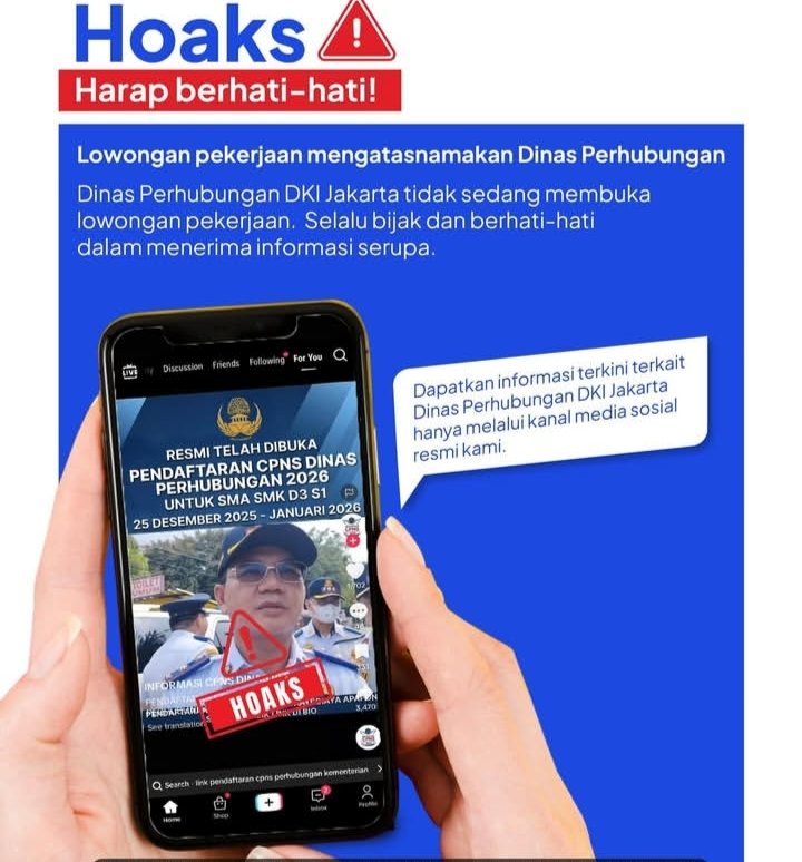 Info lowongan pekerjaan di Dinas Perhubungan DKI Jakarta,'Hoax' (Foto.Dishub DKI Jakarta)